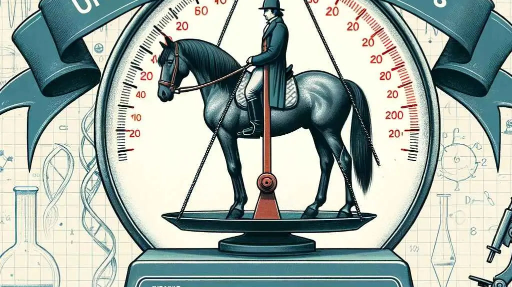 Illustration of a horse with a rider on its back, both standing on a large scale. The scale's display shows '20%'. Above them, a ribbon banner reads: 'Understanding the Basics'. - Just Horse Riders