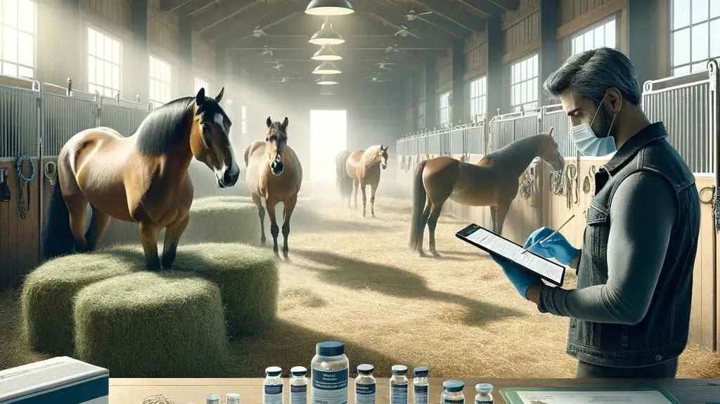 pristine barn environment bathed in soft morning light. Several diverse horses calmly munch on hay. One horse, distinctively named 'Cough-a-lot', stands slightly isolated with symptoms like a droopy posture and a slight cough.