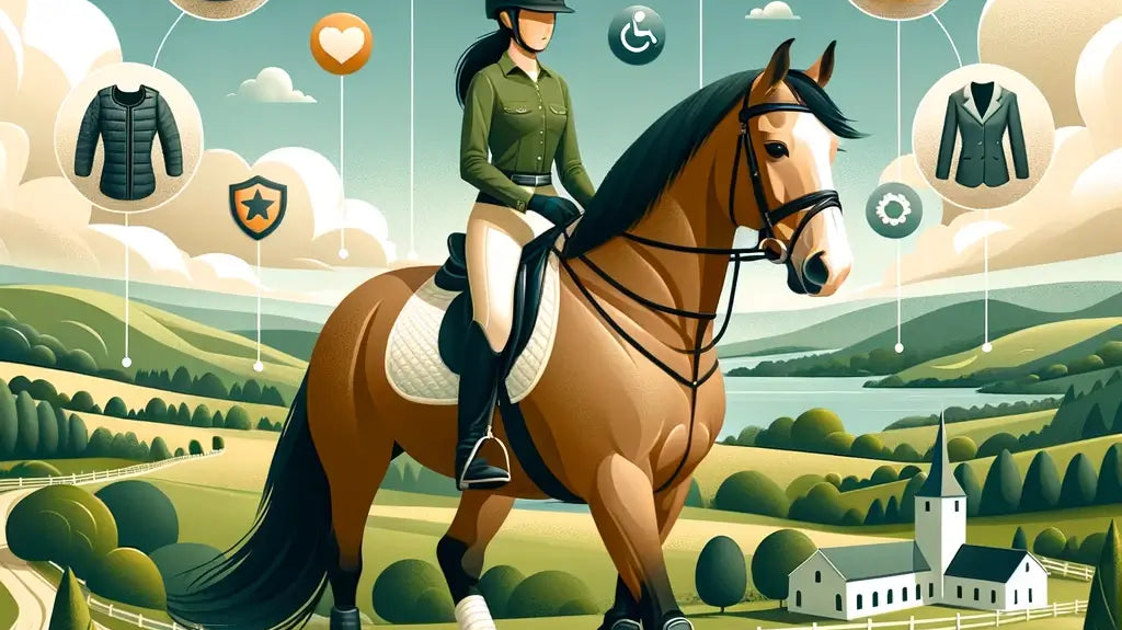 Illustration of a serene equestrian scene emphasizing safety. In the foreground, a confident female rider with protective gear, including a helmet