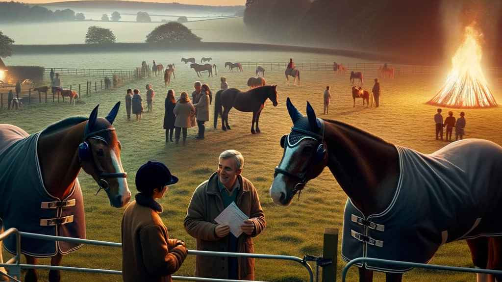Photo of a serene countryside evening landscape during Bonfire Night. In the foreground, there are a few calm horses safely secured in a well-lit padd - just horse riders