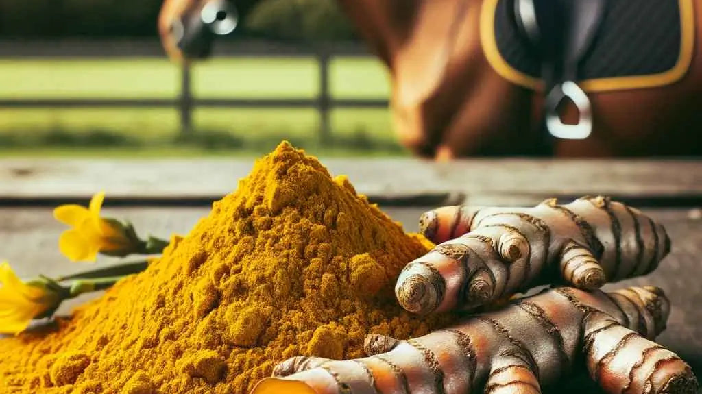 Photo: A close-up of vibrant yellow turmeric powder with a fresh turmeric root placed next to it. The backdrop is an equestrian setting with a horse in the distance. Overlay text reads 'Turmeric for Horses: Natural Benefits'.
