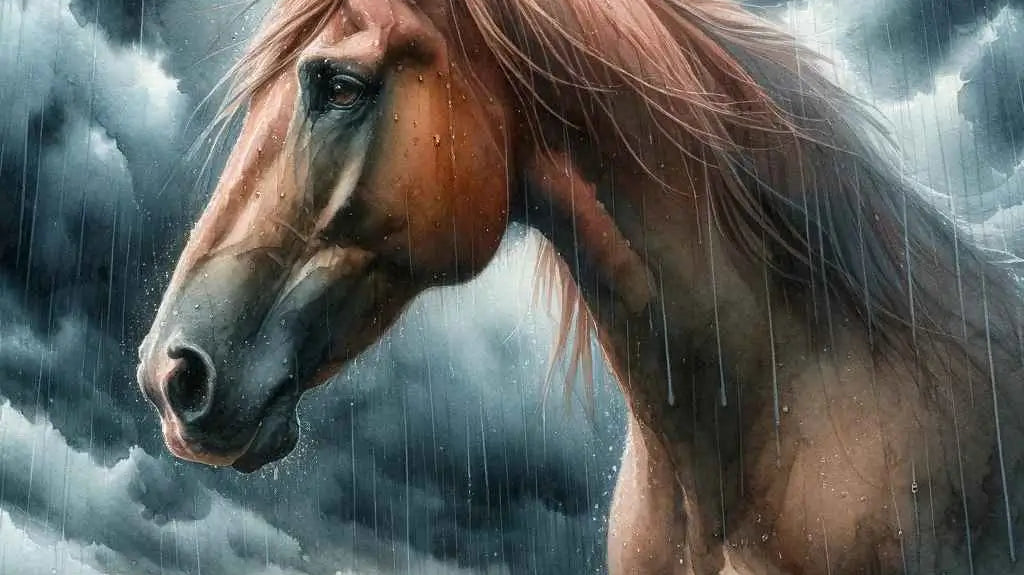 water colour painting of a horse in the rain - just horse riders