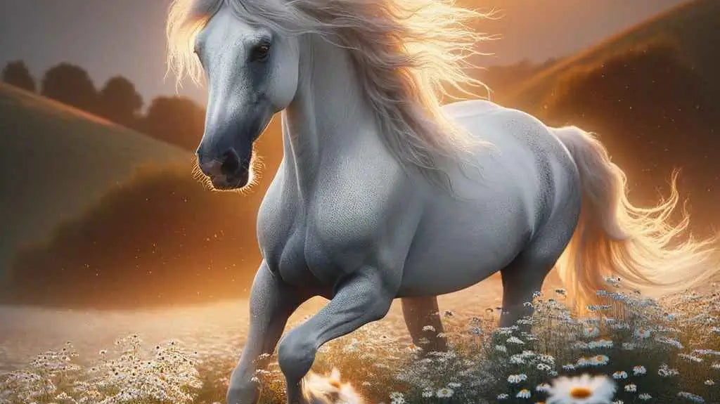 Photo of a majestic white horse with a shimmering mane, gracefully trotting through a meadow filled with blooming chamomile flowers. The sun sets in the horizon, casting a golden hue across the scene.
