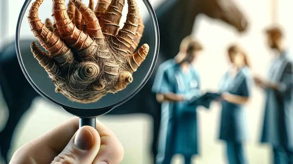 An intricately detailed close-up of the Devil's Claw root held by a light-skinned person's hand with a magnifying glass. - just horse riders