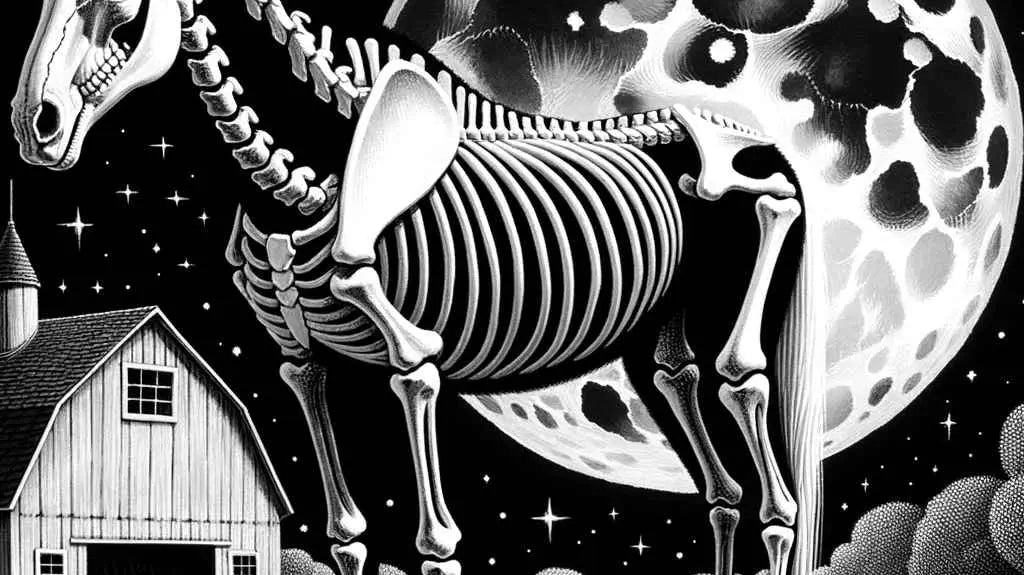 Horse as Skeleton for Halloween: A moonlit barnyard provides the backdrop, casting an eerie glow over everything - Just Horse Riders