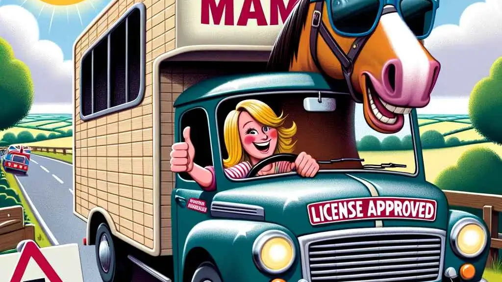 Illustration of a quirky scene featuring a 3.5-tonne horsebox on the road - Just Horse Riders