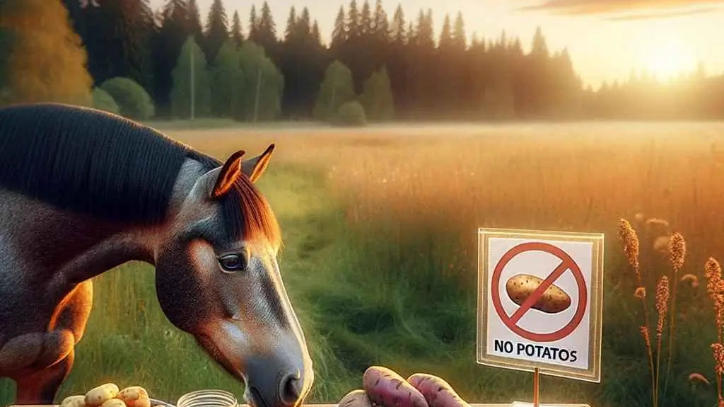 Photo of a serene meadow at sunset. In the foreground, a horse is seen sniffing a table full of various food items. On the table, there's a clear sign with a red circle and a line through a potato, indicating 'no potatoes'. - Just Horse Riders