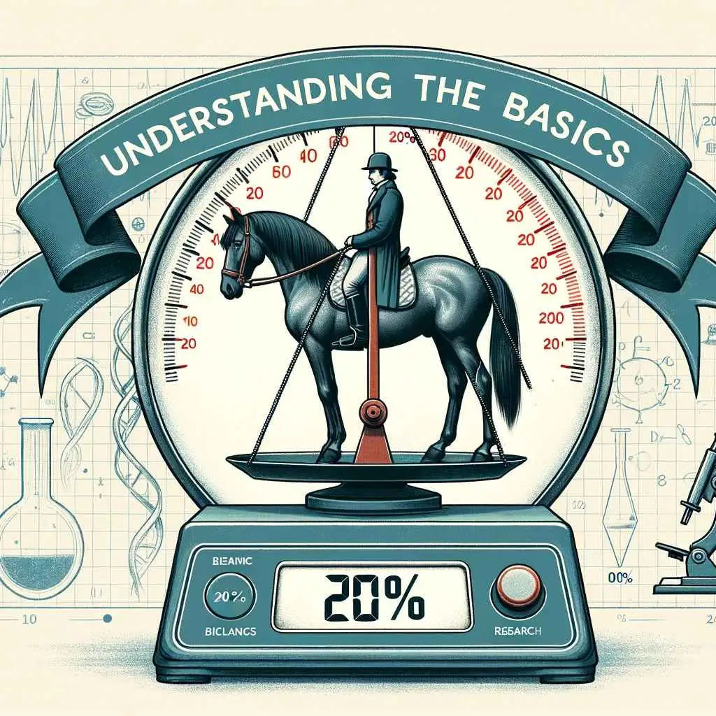 Illustration of a horse with a rider on its back, both standing on a large scale. The scale's display shows '20%'. Above them, a ribbon banner reads: 'Understanding the Basics'. - Just Horse Riders