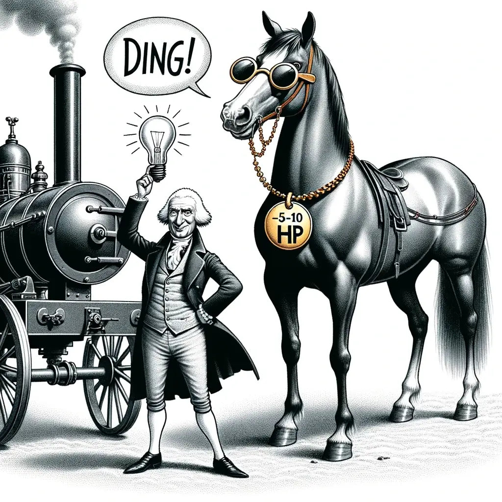 Funny cartoon depiction of James Watt in the 18th century, holding a lightbulb (that's humorously out of place for the era) with a 'ding!' expression. - Just Horse Riders