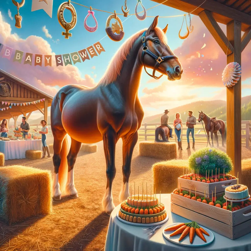 Photo of a vibrant and detailed scene at a ranch. In the center, a radiant pregnant mare stands majestically with the sunlight highlighting her form.  - Just Horse Riders