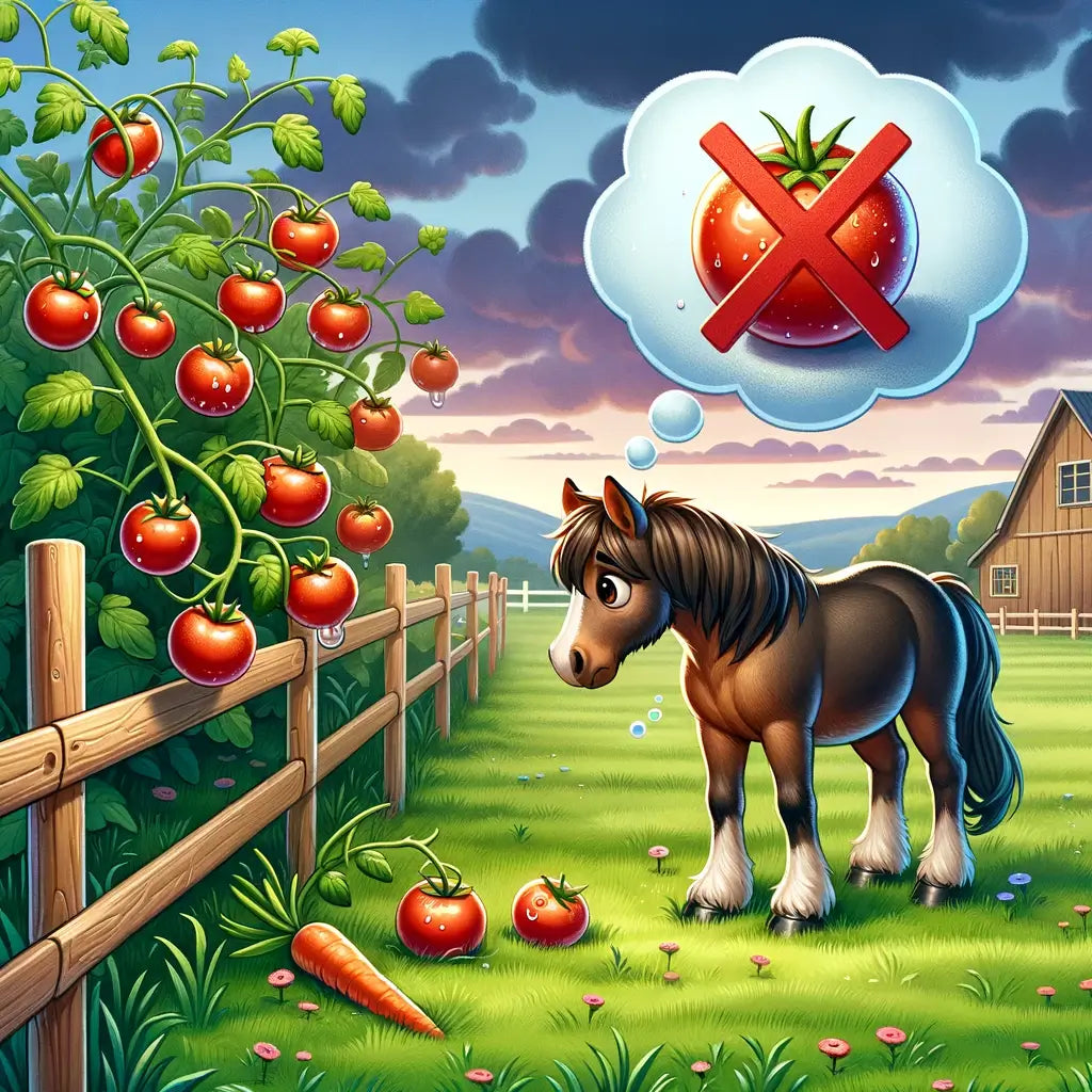 Illustration of a picturesque countryside setting with a horse grazing on lush green grass, while curiously looking at a tomato vine nearby. - Just Horse Riders