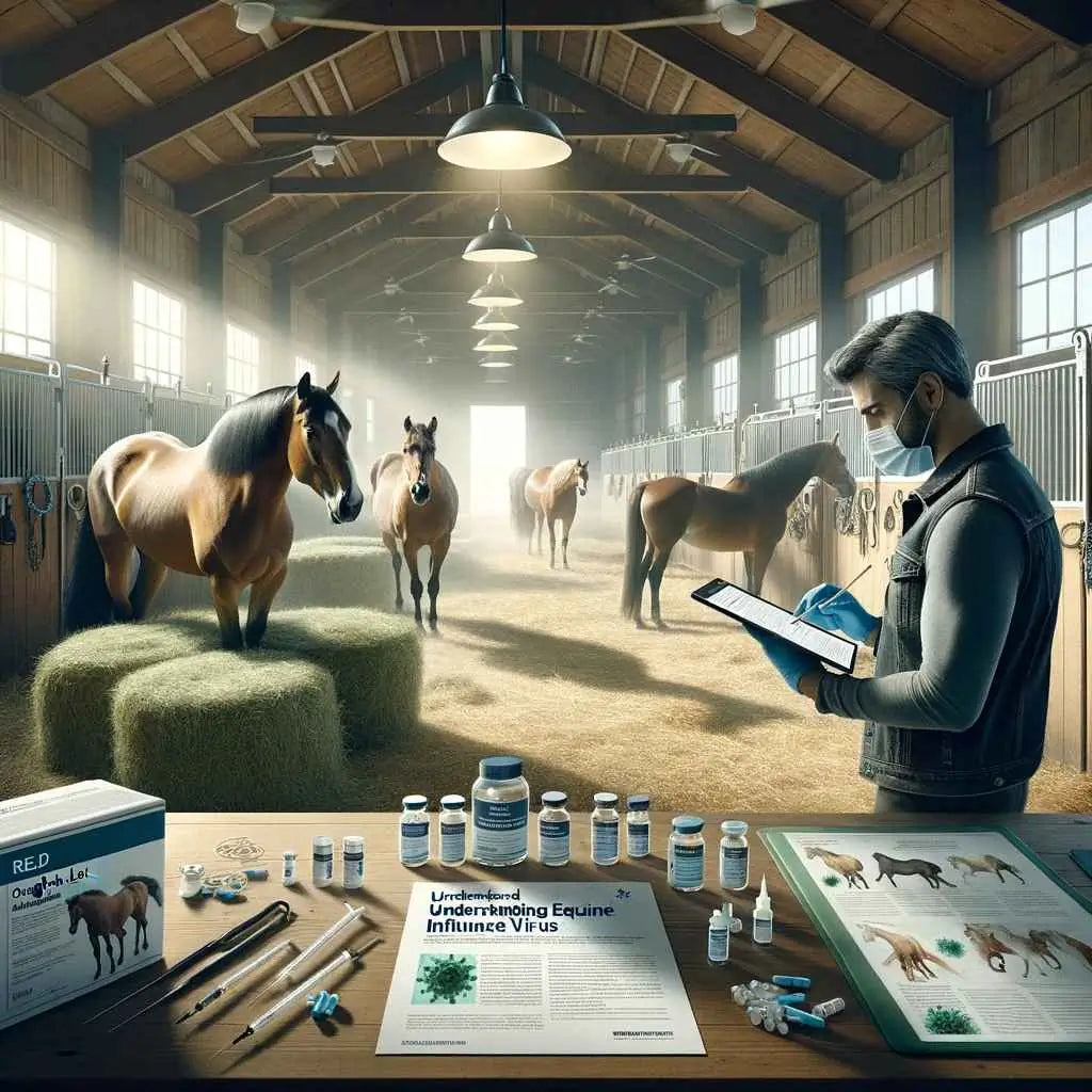 pristine barn environment bathed in soft morning light. Several diverse horses calmly munch on hay. One horse, distinctively named 'Cough-a-lot', stands slightly isolated with symptoms like a droopy posture and a slight cough.