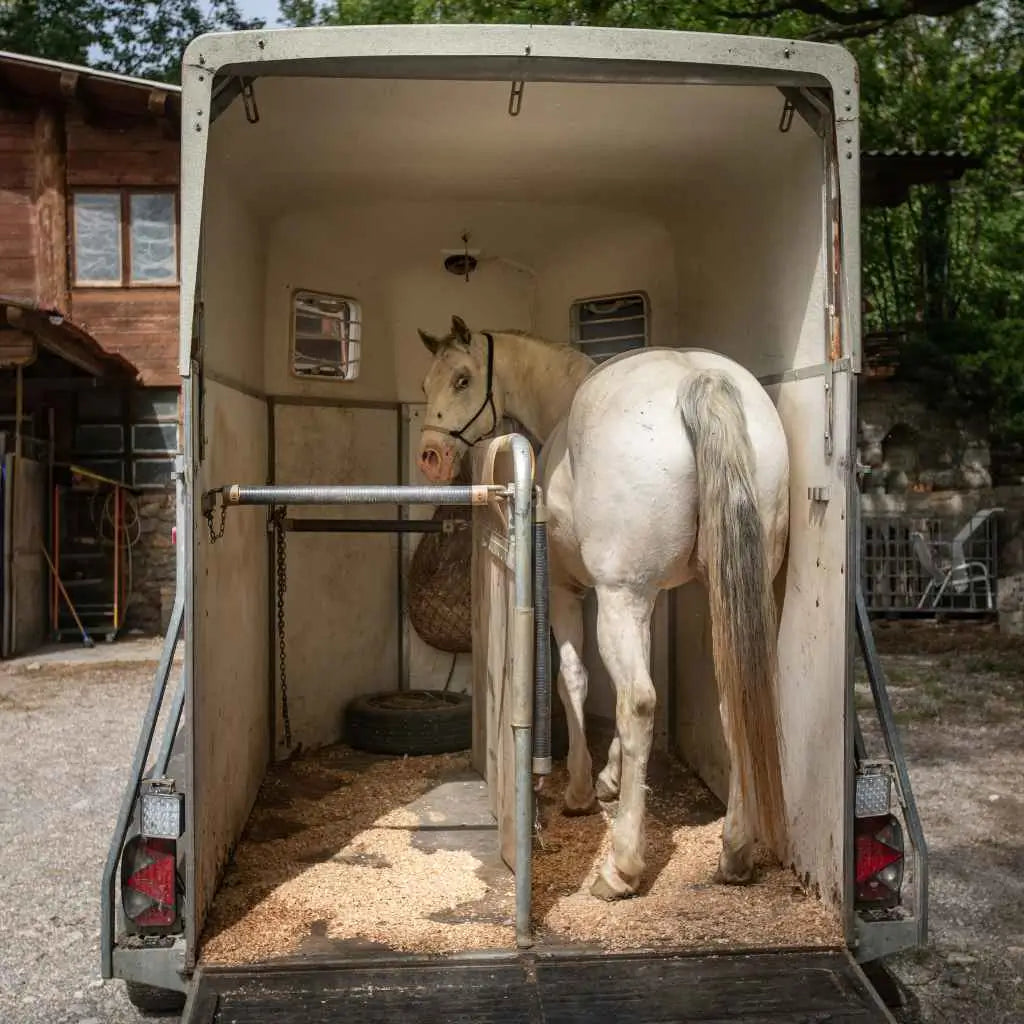 horse in a horse trailer - just horse riders