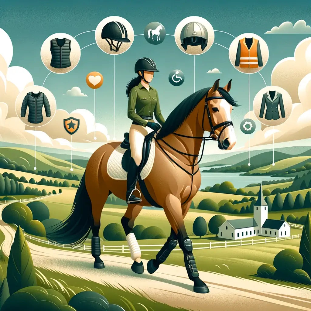 Illustration of a serene equestrian scene emphasizing safety. In the foreground, a confident female rider with protective gear, including a helmet 