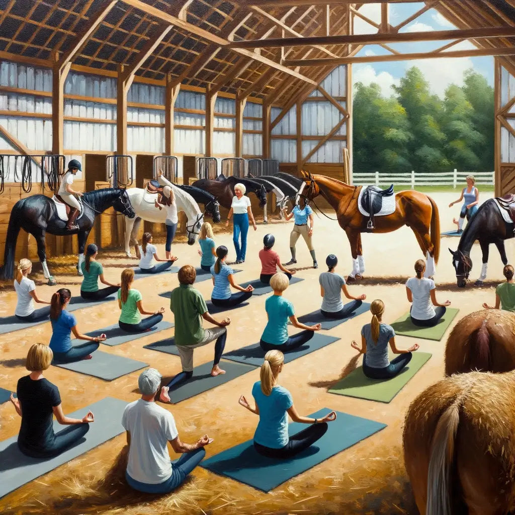 Oil Painting_ A rustic barn setting with a group of equestrians of diverse genders and descents participating in a combined yoga and horse riding work