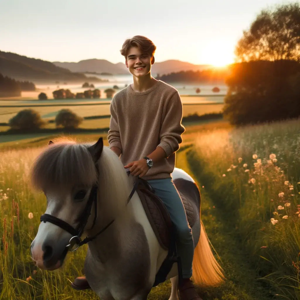 Photo of a 17-year-old individual confidently riding a pony in a beautiful meadow, with a setting sun in the background. The rider is smiling - just horse riders