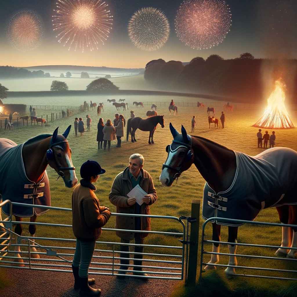 Photo of a serene countryside evening landscape during Bonfire Night. In the foreground, there are a few calm horses safely secured in a well-lit padd - just horse riders