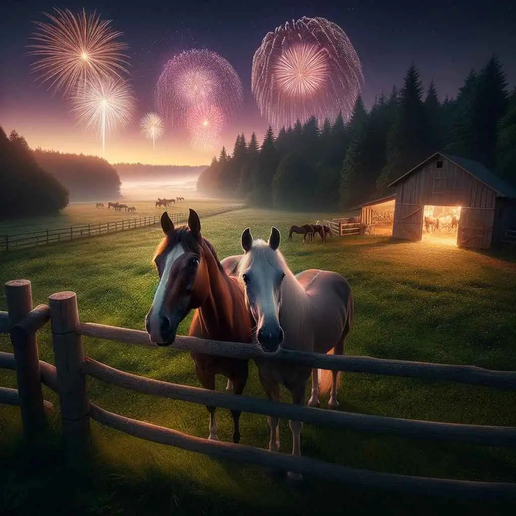 horses stoof in a field with fireworks being set off - just horse riders