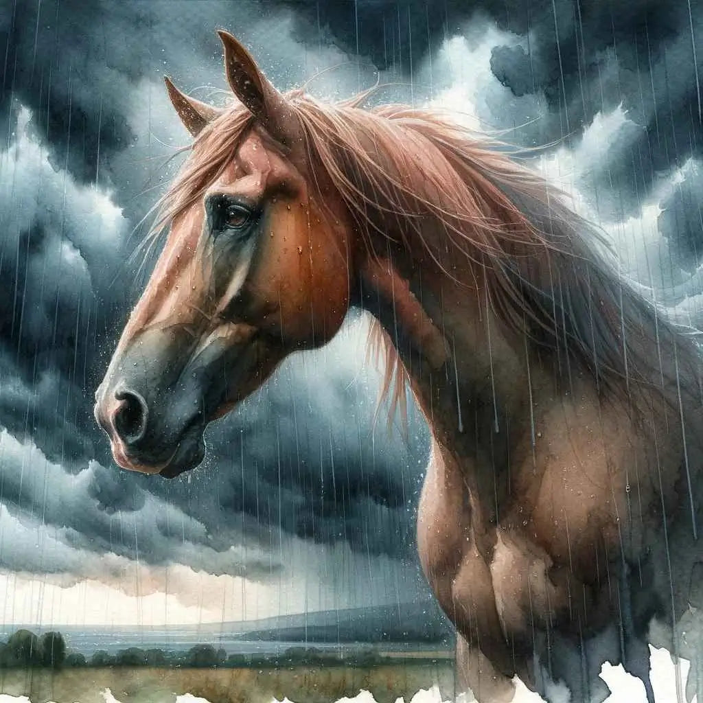 water colour painting of a horse in the rain - just horse riders