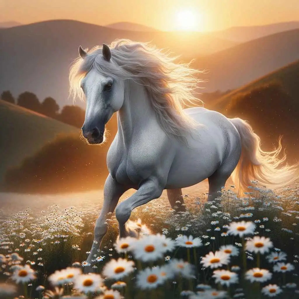 Photo of a majestic white horse with a shimmering mane, gracefully trotting through a meadow filled with blooming chamomile flowers. The sun sets in the horizon, casting a golden hue across the scene.