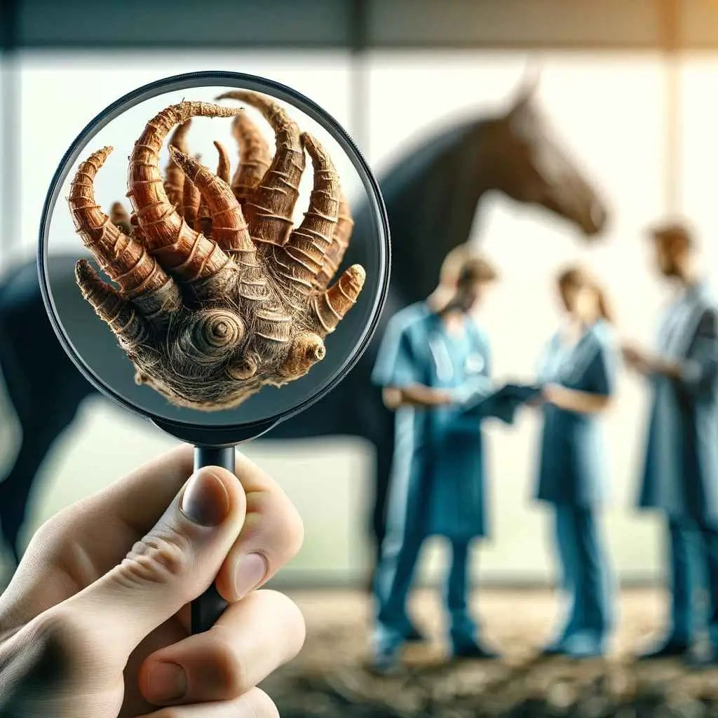 An intricately detailed close-up of the Devil's Claw root held by a light-skinned person's hand with a magnifying glass.  - just horse riders