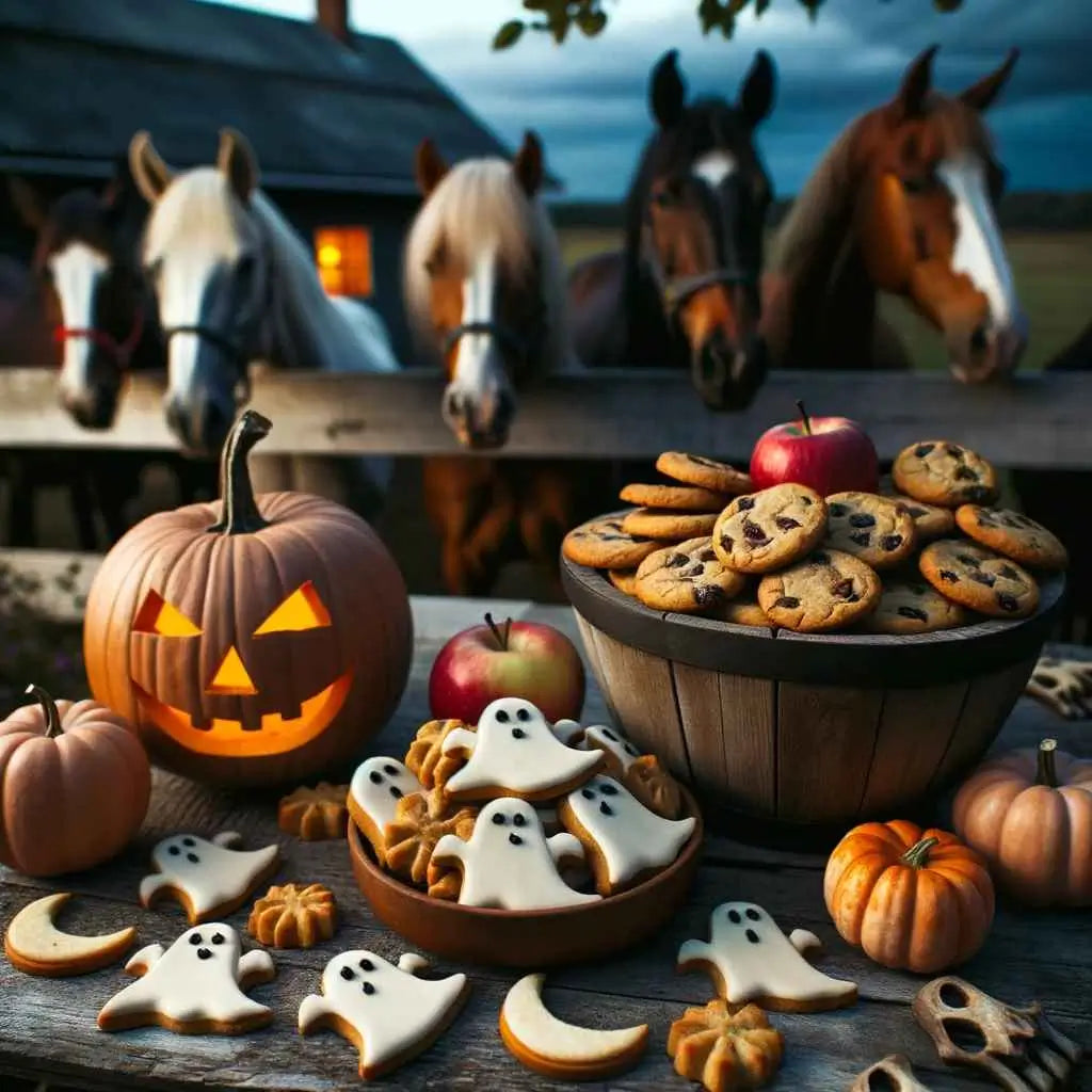 Photo of Halloween Horse Treats: A rustic wooden table set outdoors during dusk, adorned with an array of Halloween-themed horse treats. - Just Horse Riders