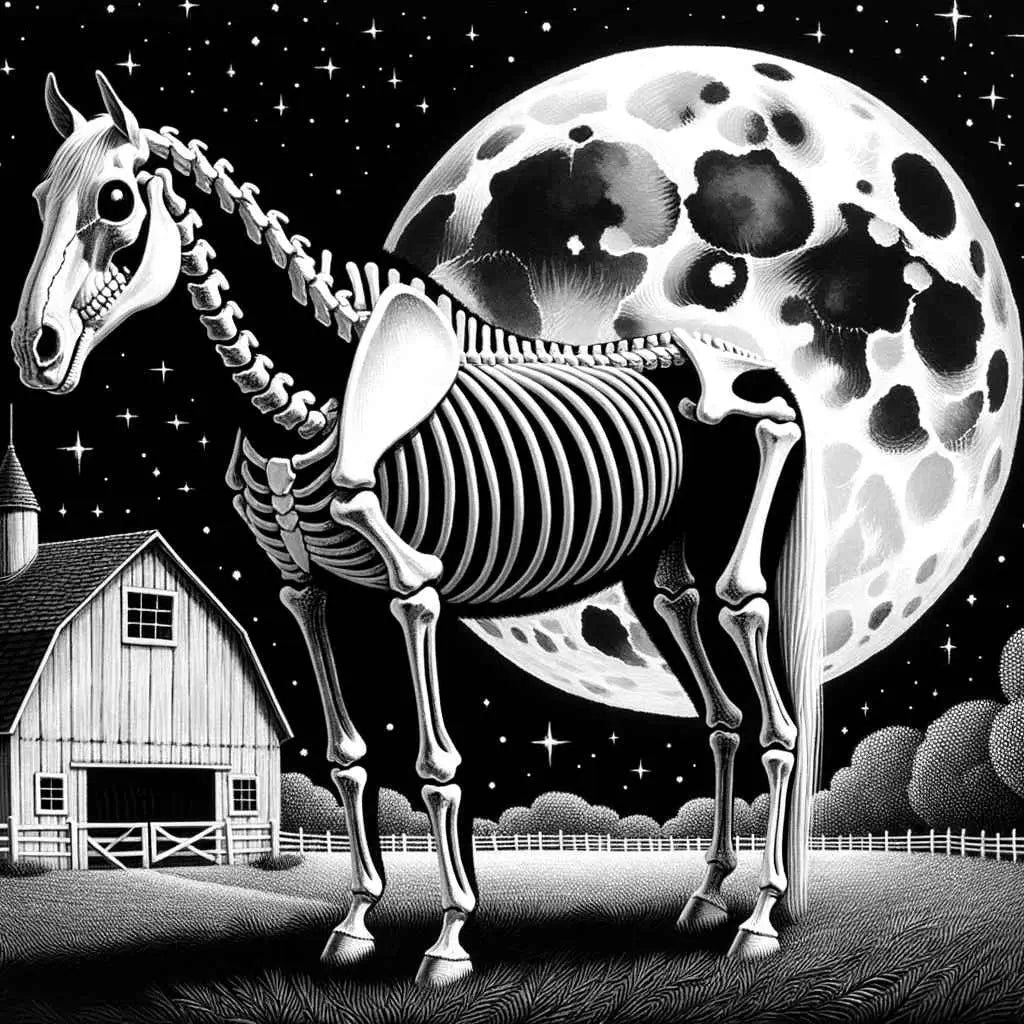 Horse as Skeleton for Halloween: A moonlit barnyard provides the backdrop, casting an eerie glow over everything - Just Horse Riders