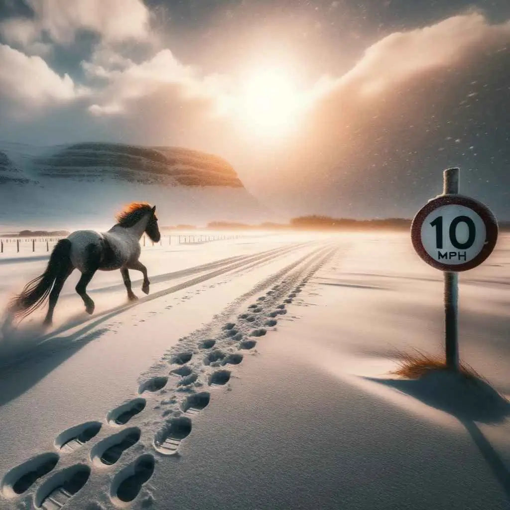 horse troting in the snow with a 10 mph sign - just horse riders