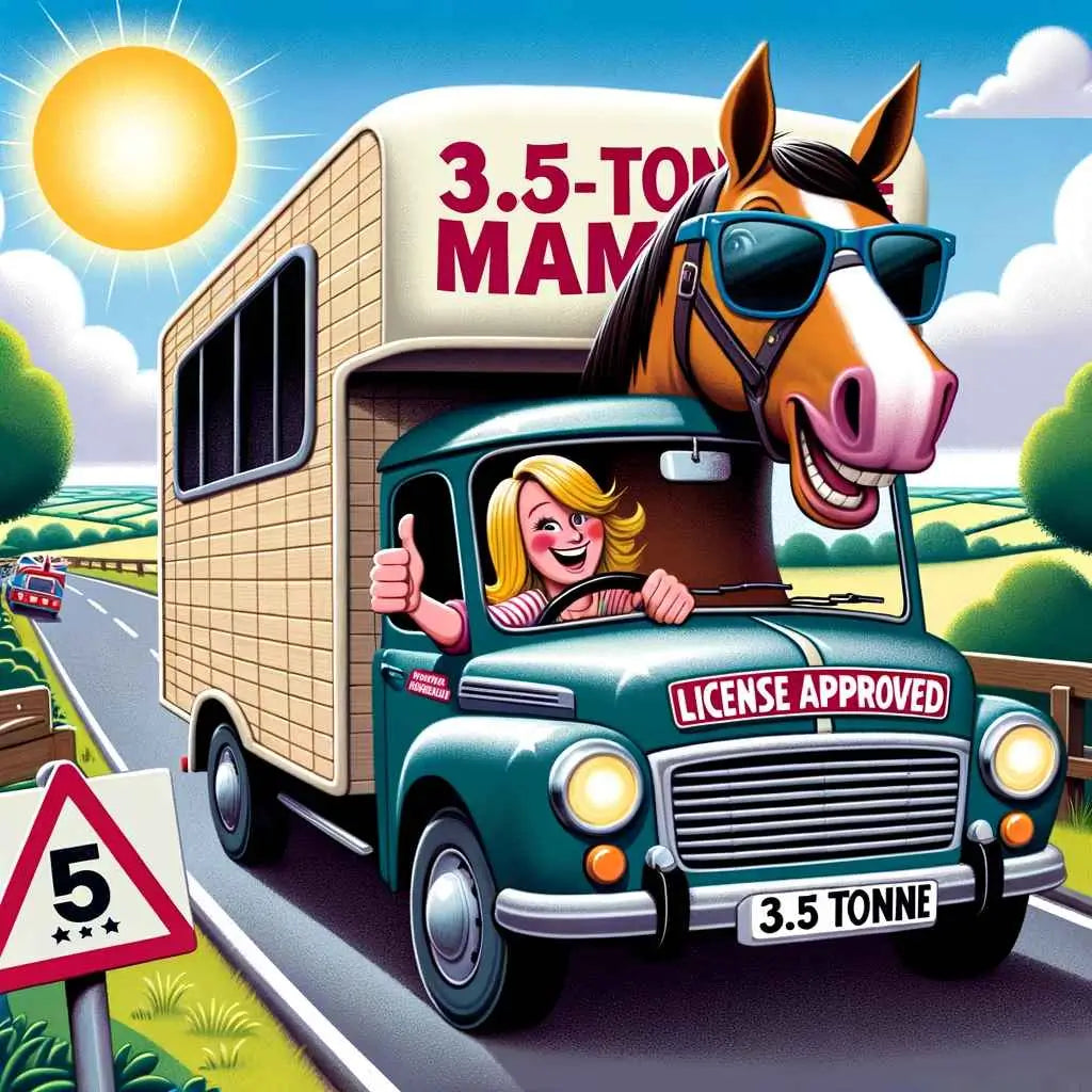 Illustration of a quirky scene featuring a 3.5-tonne horsebox on the road - Just Horse Riders