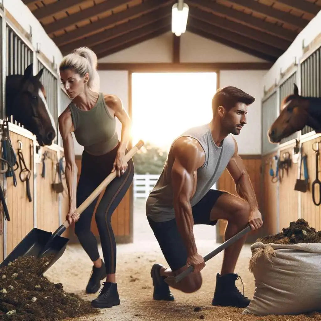 Photo of a bustling stable environment: In the foreground, a diverse male and female are mucking out horse stalls. They are both sweating and visibly exerting effort. - Just Horse Riders
