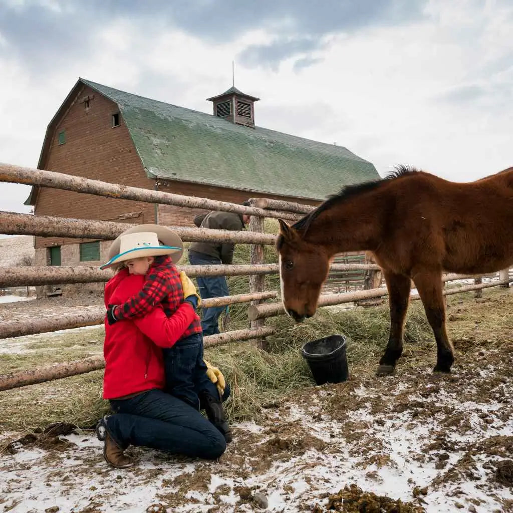 little bot scared of a horse - just horse riders