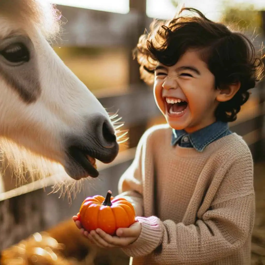 young boy feeding a pumpkin to a horse - just horse riders