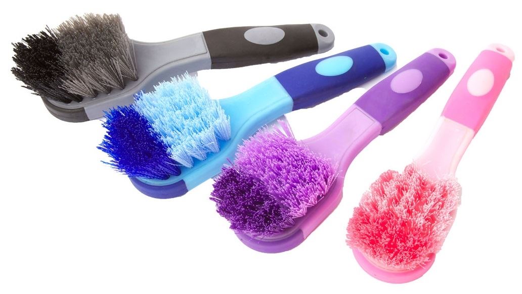 Four stiff-bristled stable bucket brushes in grey, blue, purple and pink