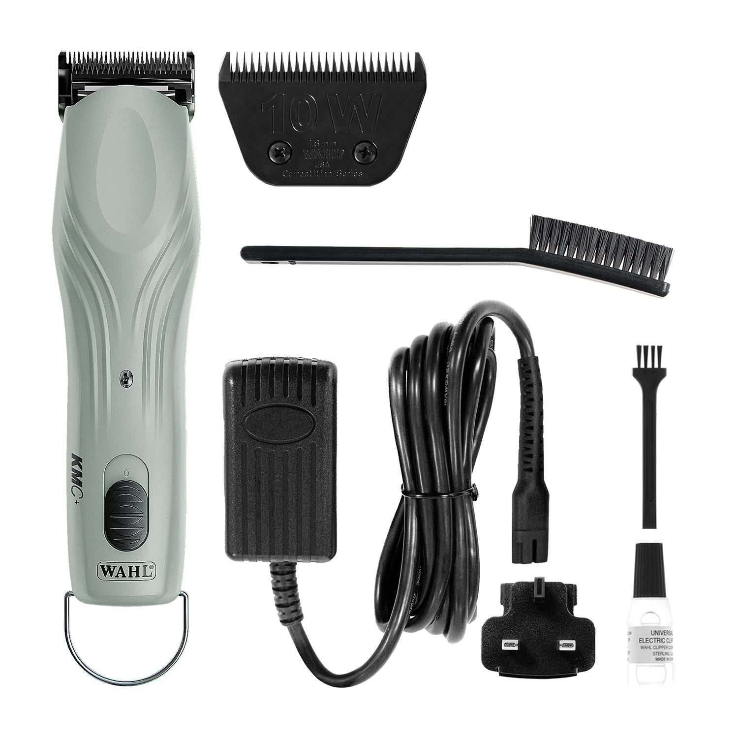 Pale green cordless horse clipper with spare blade, cleaning brushes, oil and mains charger