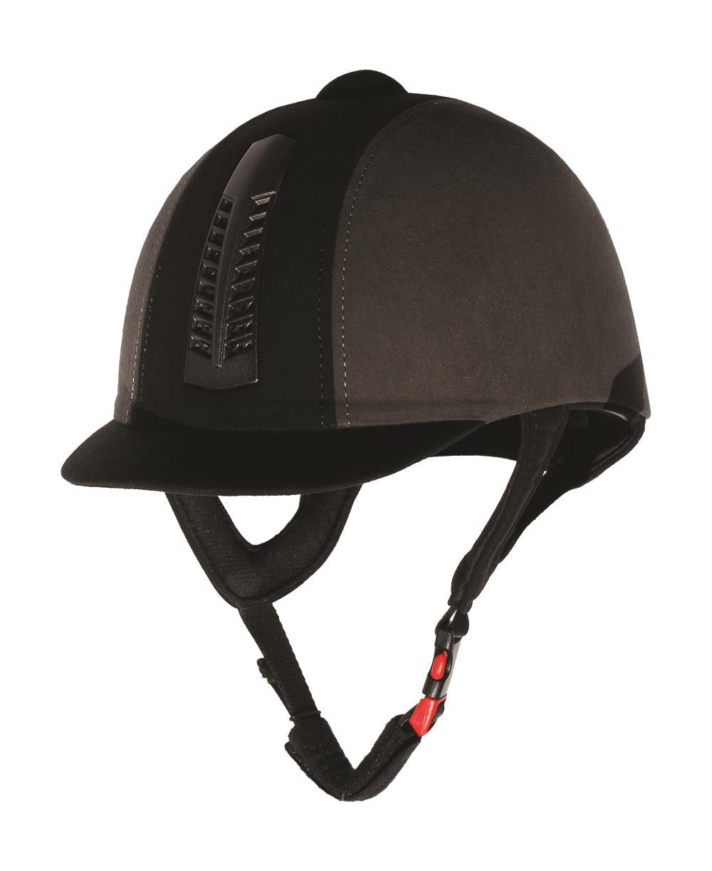 Black and grey suede horse riding helmet with vented top and chin harness