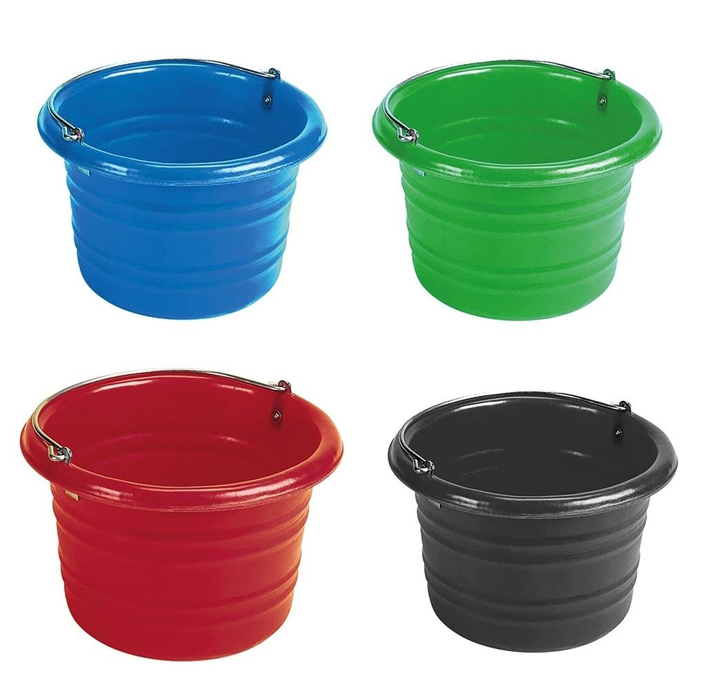Four jumbo stable water and feed buckets with metal handles in blue, green, red and black