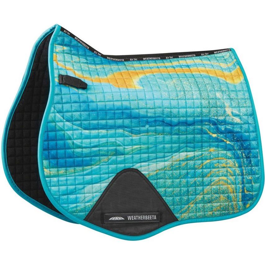 Quilted horse saddle pad in a turquoise and gold marble swirl print