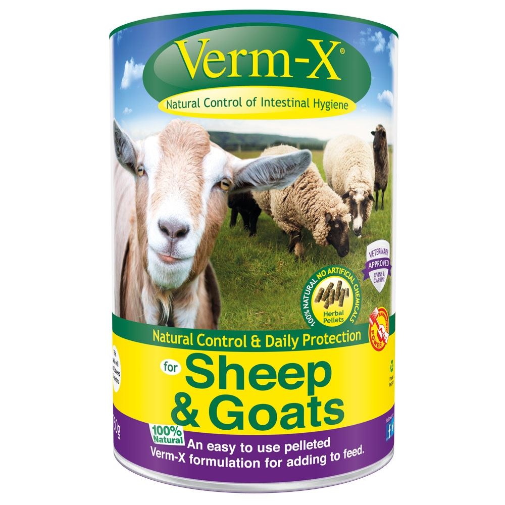 Tub of Verm-X herbal pellets for sheep and goats, showing grazing sheep on the label
