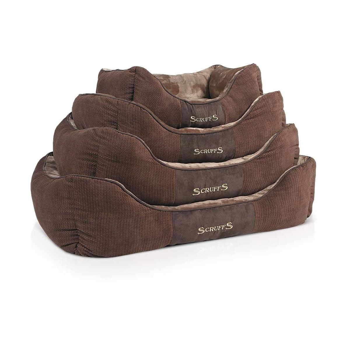 Four nested chocolate brown Scruffs box dog beds in graduated sizes