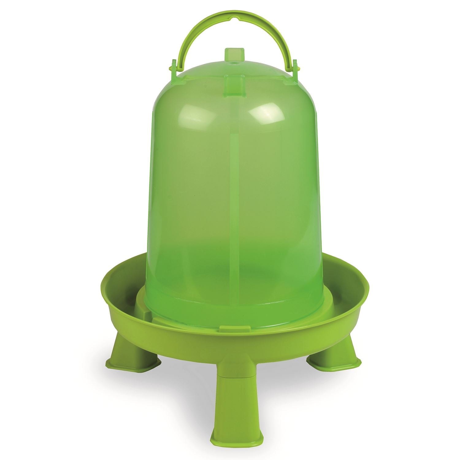 Bright green plastic chicken drinker with carry handle and legs
