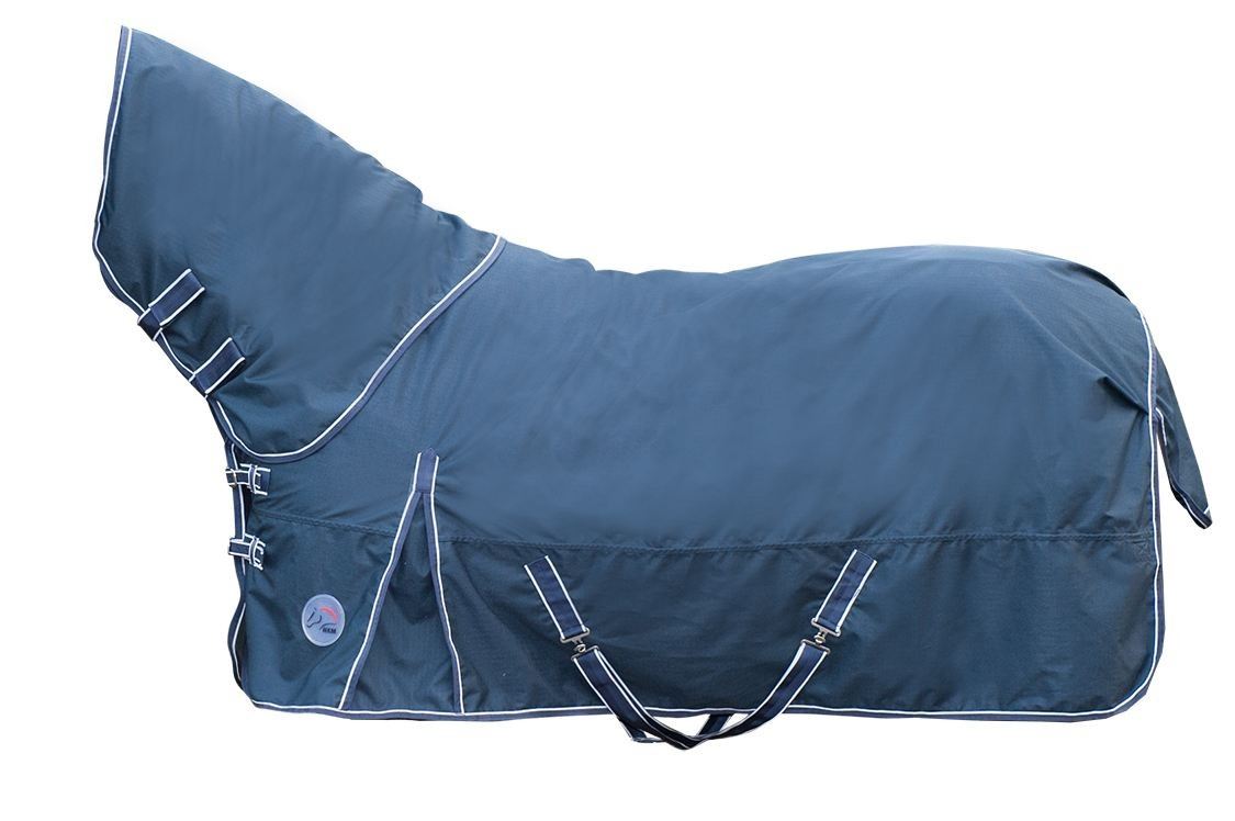 Navy waterproof combo turnout rug with detachable neck cover and white piping