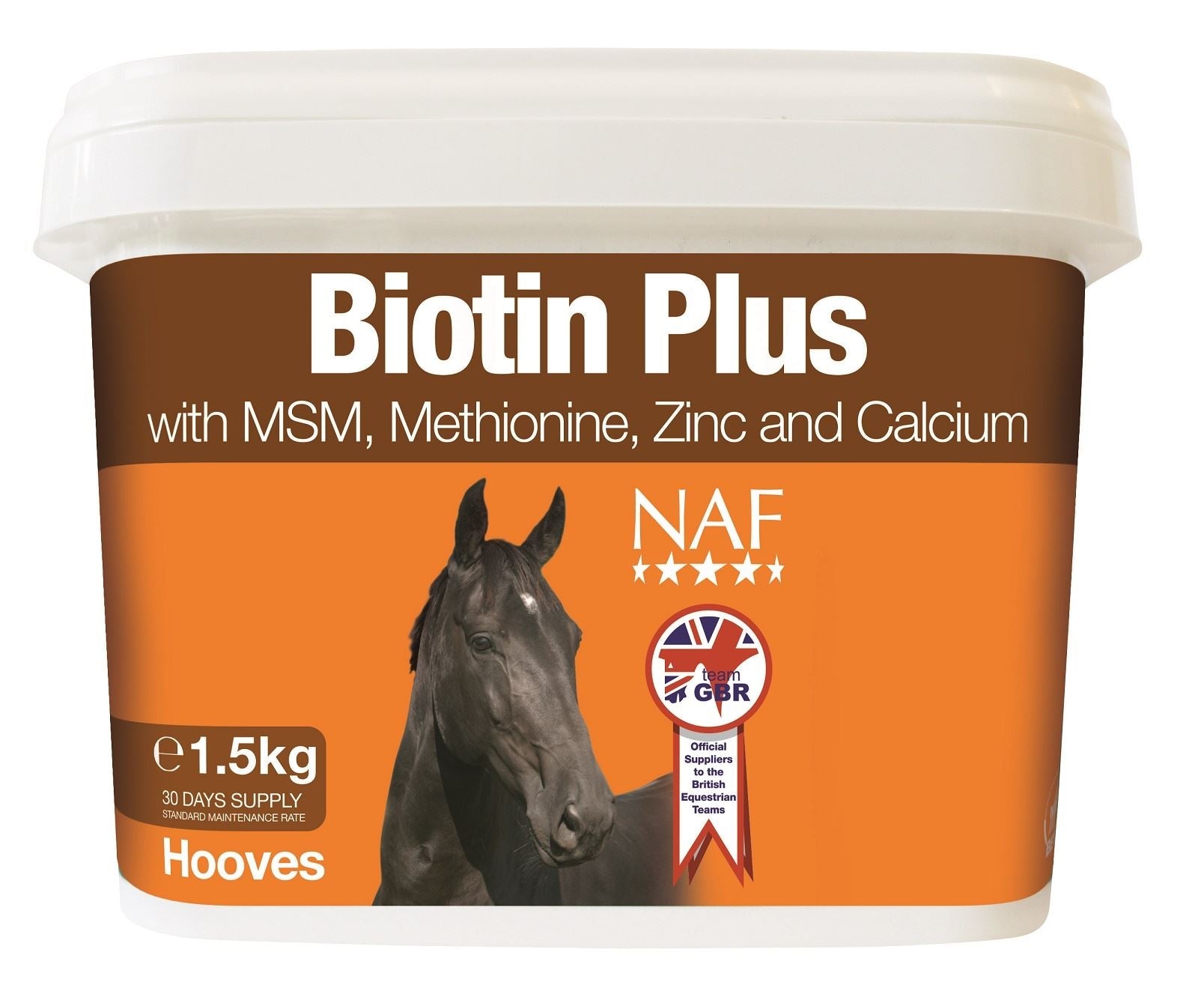 Orange and brown NAF Biotin Plus equine supplement tub with a horse pictured on the label