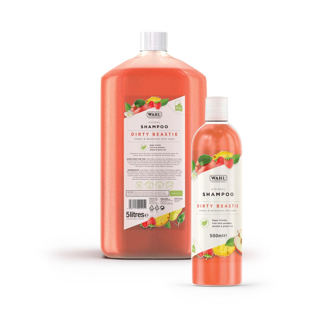 Two coral-pink bottles of horse shampoo, a 5 litre refill and a 500ml bottle, on a white background