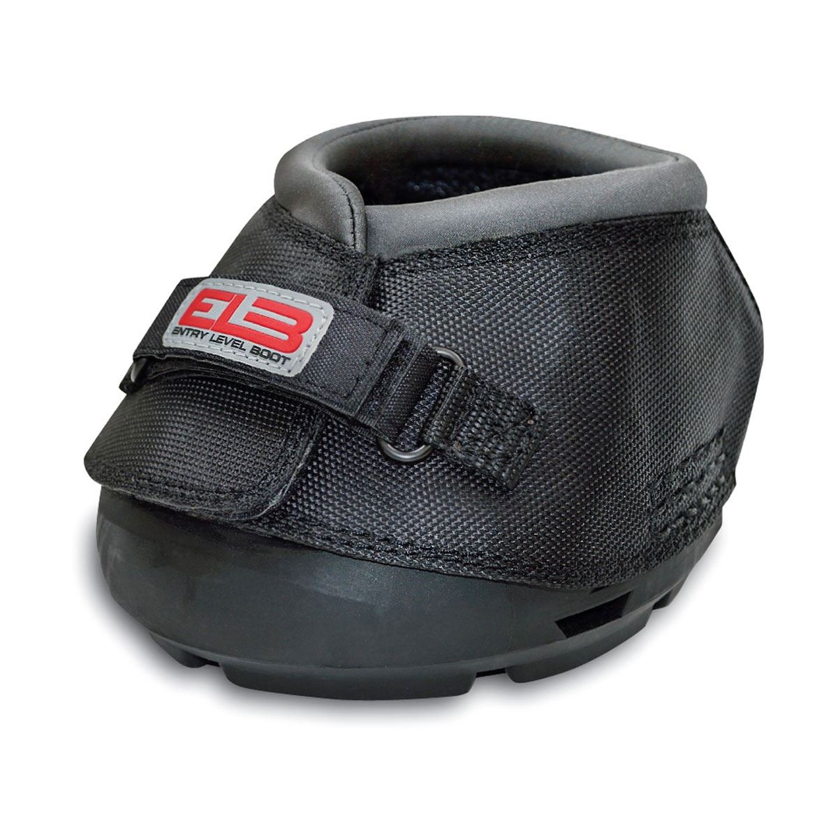 Black protective hoof boot with a hook-and-loop strap and treaded sole