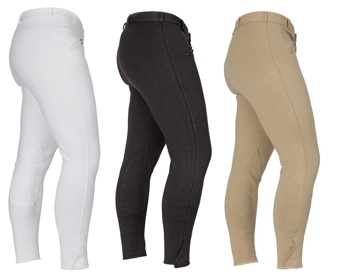 Three pairs of men's riding breeches in white, black and beige with knee patches