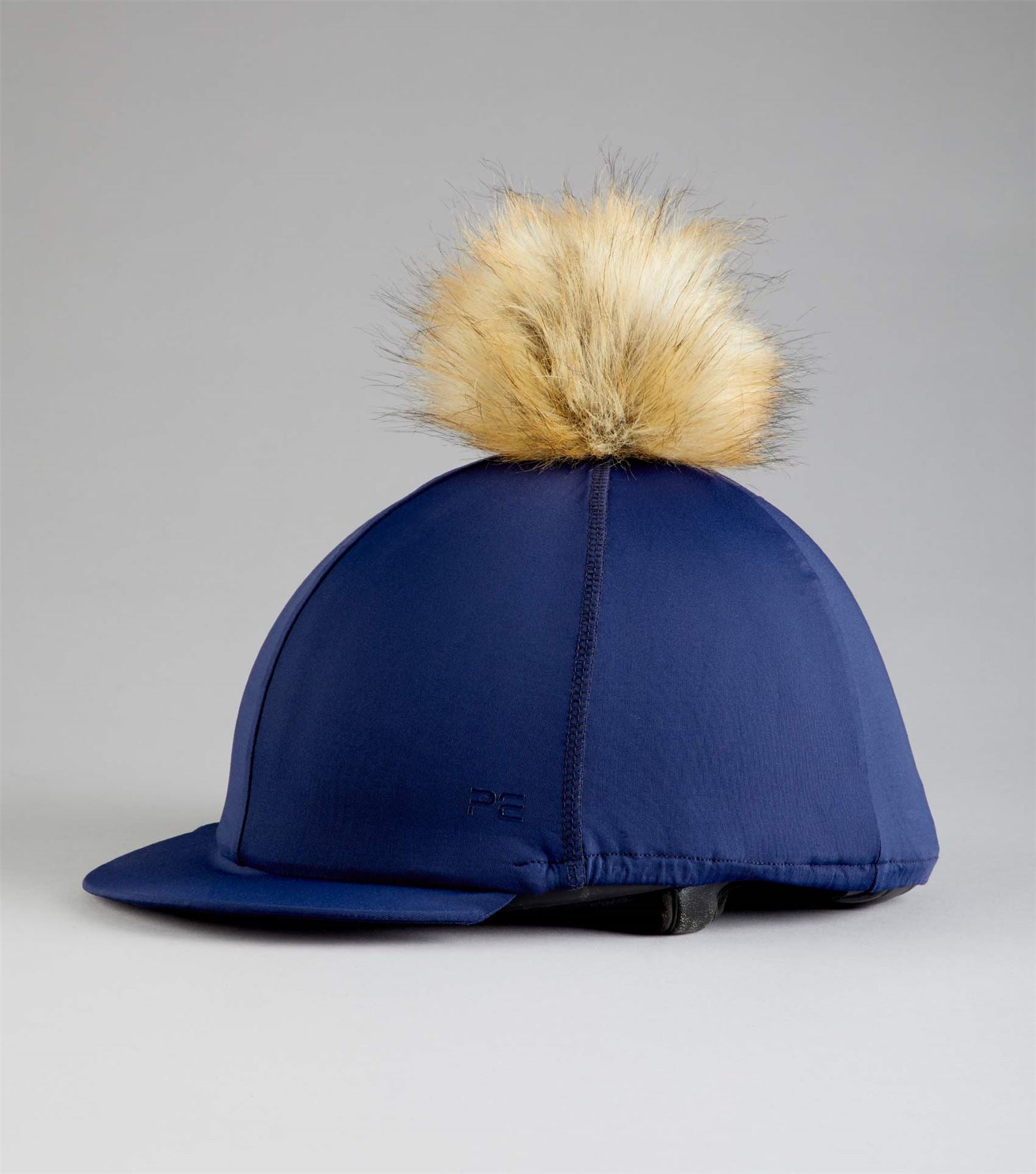 Navy riding hat silk topped with a cream faux fur pom pom