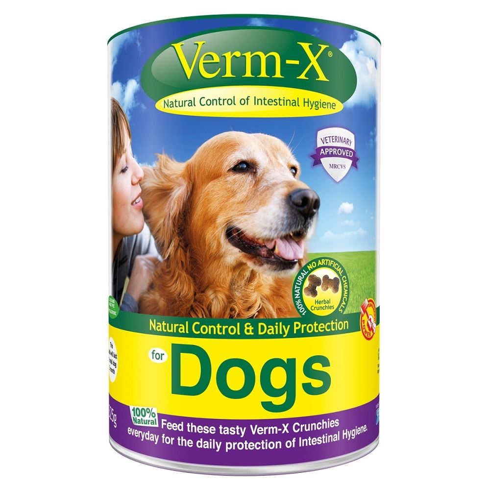 Tub of Verm-X herbal crunchies for dogs with a golden retriever pictured on the label
