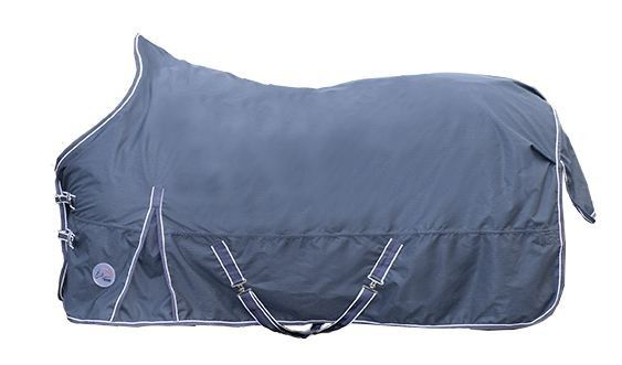 Grey lightweight waterproof turnout rug with chest straps and belly surcingles