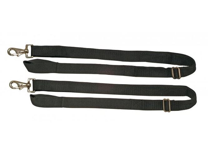 Pair of black elastic horse rug leg straps with metal snap clips and adjuster buckles