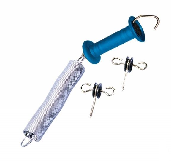 Electric fence gate kit with blue gate handle, steel tension spring and screw-in insulators